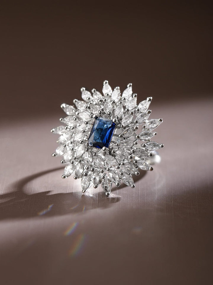 Rubans Rhodium-Plated Blue Sapphire & White CubicZirconia Studded Adjustable Cocktail Ring Rings