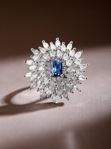 Rubans Rhodium-Plated Blue Sapphire & White CubicZirconia Studded Adjustable Cocktail Ring Rings