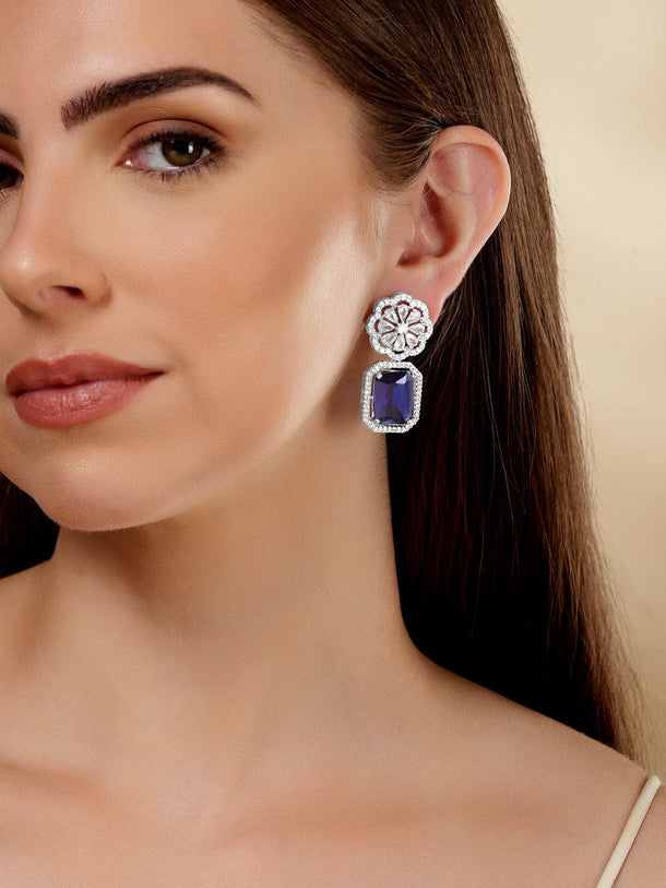 Rubans Rhodium Plated Blue Sapphire Zirconia Dangle Earrings Earrings