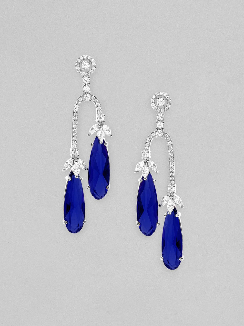 Rubans Rhodium Plated Blue Sapphire Zirconia Teardrop Dangle Earrings Earrings