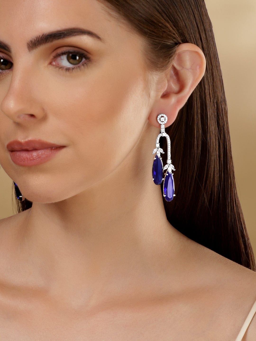 Rubans Rhodium Plated Blue Sapphire Zirconia Teardrop Dangle Earrings Earrings