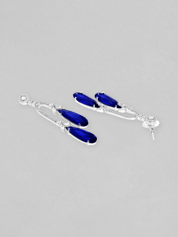 Rubans Rhodium Plated Blue Sapphire Zirconia Teardrop Dangle Earrings Earrings