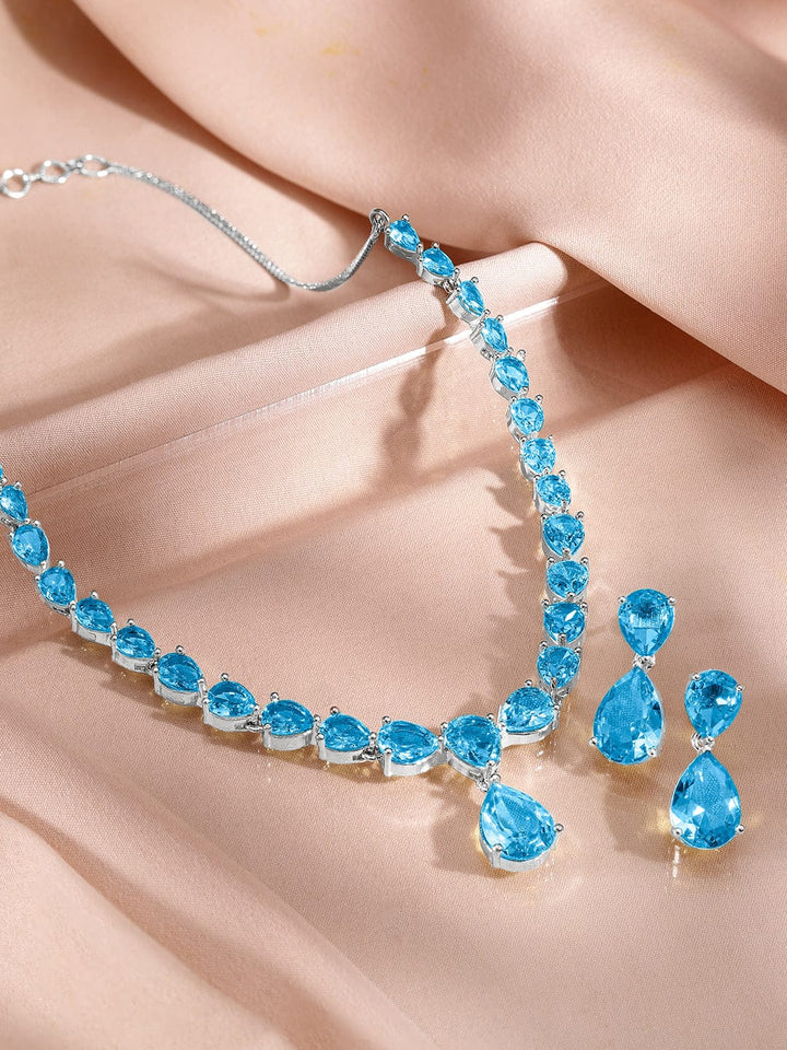 Rubans Rhodium-Plated Blue Topaz Cubic Zirconia Studded Necklace Set Jewellery Set