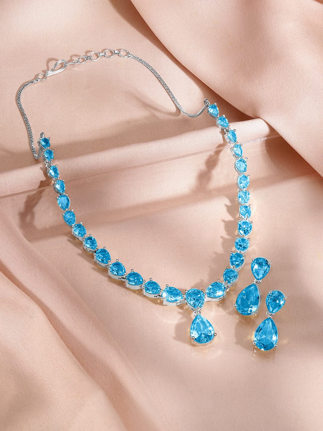 Rubans Rhodium-Plated Blue Topaz Cubic Zirconia Studded Necklace Set Jewellery Set