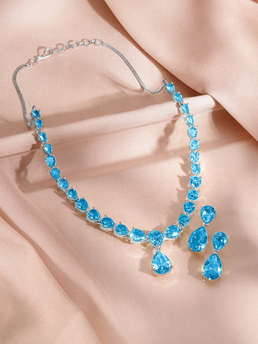 Rubans Rhodium-Plated Blue Topaz Cubic Zirconia Studded Necklace Set Jewellery Set