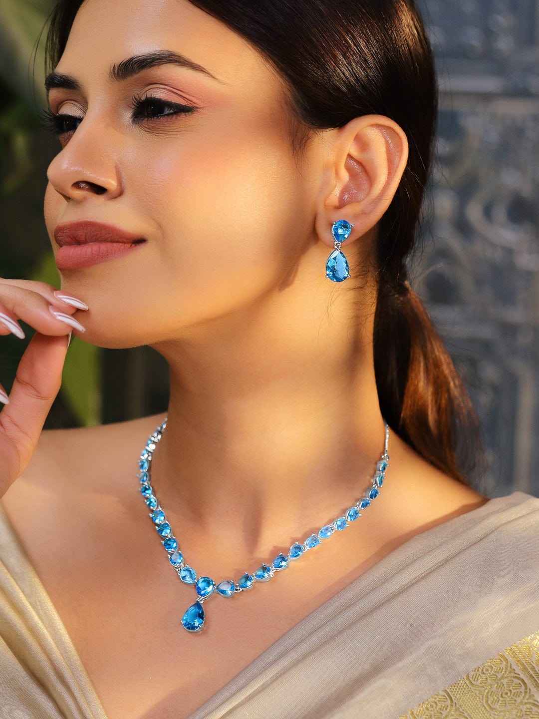Rubans Rhodium-Plated Blue Topaz Cubic Zirconia Studded Necklace Set Necklace Set