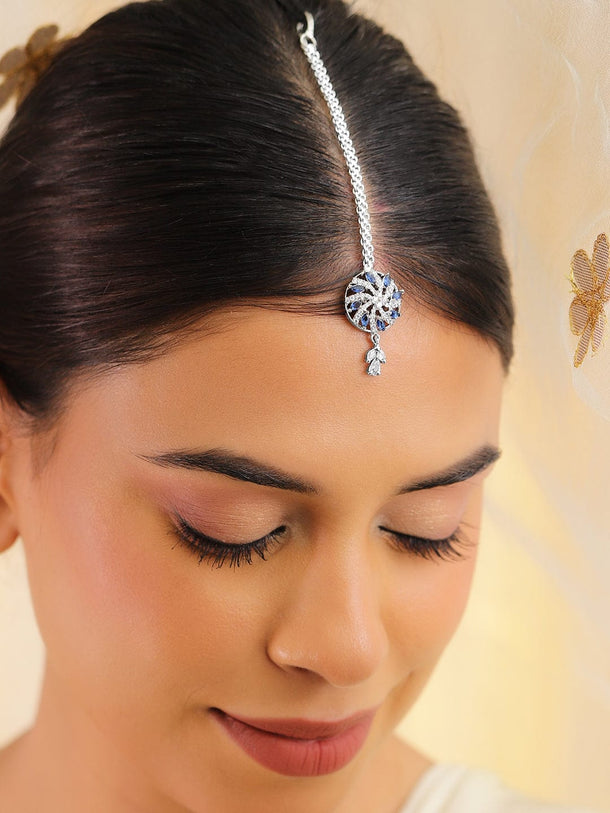 Rubans Rhodium-Plated Blue & White Cubic Zirconia Studded Maang Tikka Head Jewellery