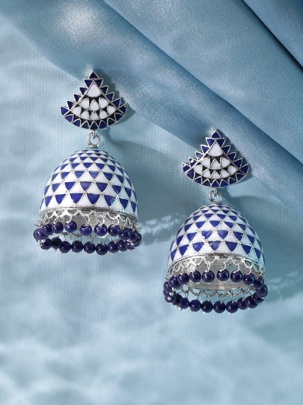 Rubans Rhodium plated blue & white enamel Jhumka Earring Earrings