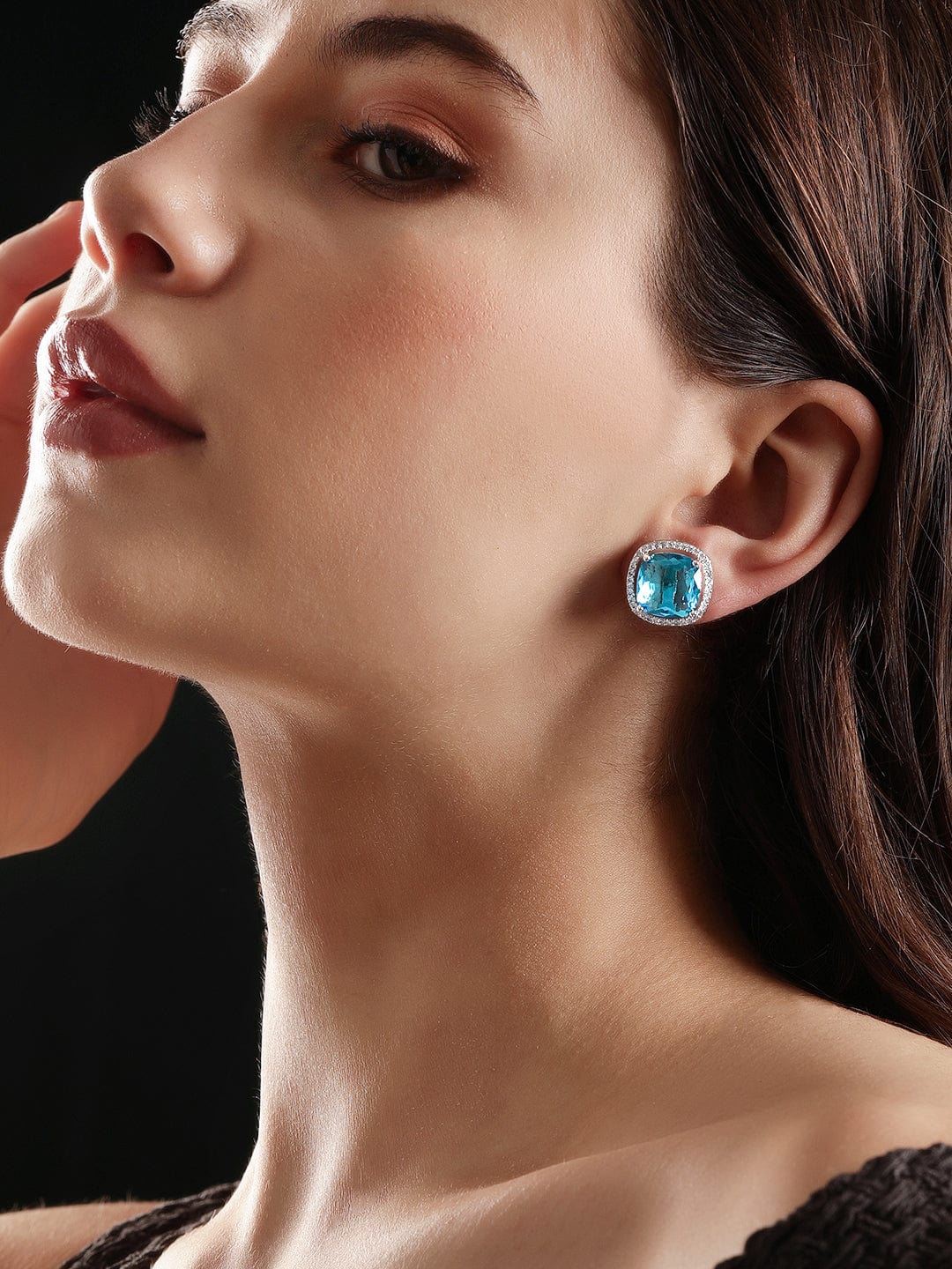 Rubans Rhodium plated Blue Zirconia Cushion cut Classy stud Earring Earrings