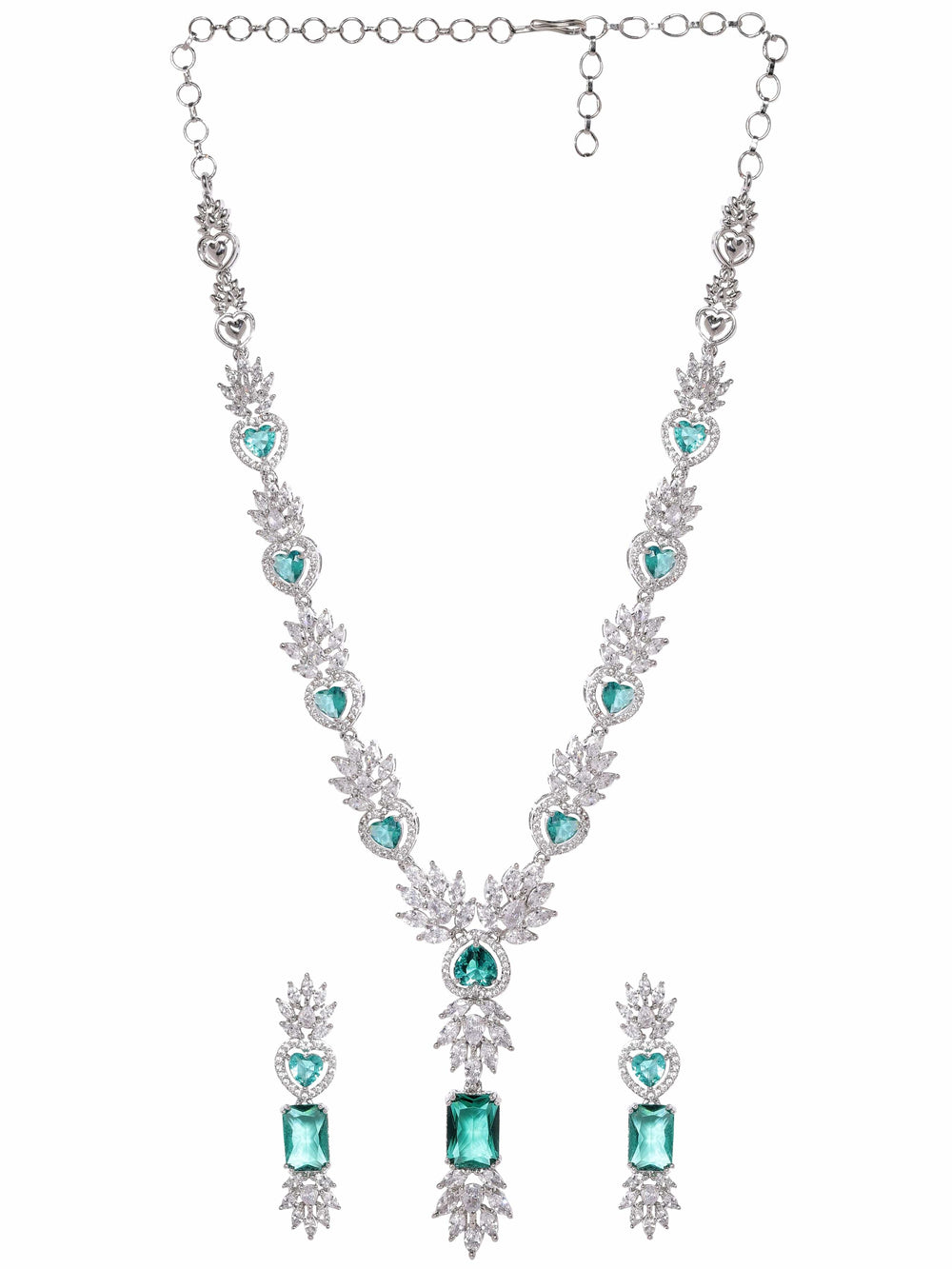 Rubans Rhodium Plated Blue Zirconia Studded Pendant Drop Necklace Set Jewellery Sets