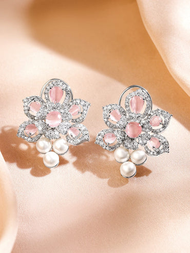 Rubans Rhodium-Plated Blush Pink Stone Floral Stud Earrings with White Cubic Zirconia & Pearl Drops Stud Earrings