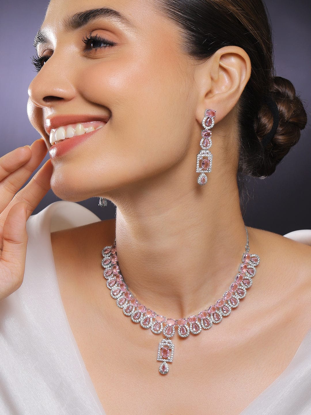 Rubans Rhodium-Plated Blush Pink Stone & White Cubic Zirconia Studded Statement Necklace Set Jewellery Set