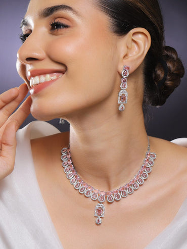 Rubans Rhodium-Plated Blush Pink Stone & White Cubic Zirconia Studded Statement Necklace Set Jewellery Set