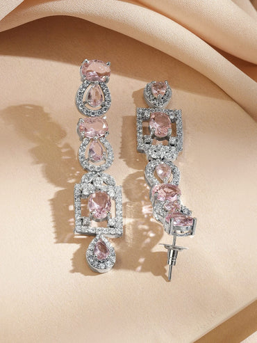 Rubans Rhodium-Plated Blush Pink Stone & White Cubic Zirconia Studded Statement Necklace Set Jewellery Set