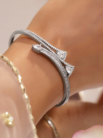 Rubans Rhodium-Plated Bracelet for Women & Girls with Pear and Round Cubic Zirconia Stones Wristwear