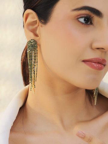 Rubans Rhodium-Plated Brass Emerald Green Crystal AD Stones Tassel Dangler Earrings Earrings