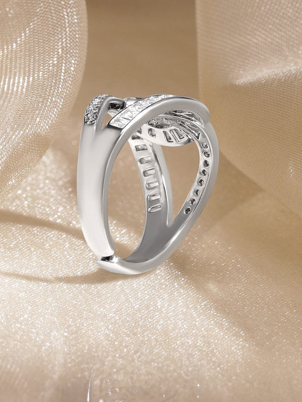 Rubans Rhodium-Plated Brass Linked Curve Design Cubic Zirconia Adjustable Finger Ring Rings