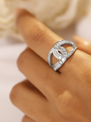 Rubans Rhodium-Plated Brass Linked Curve Design Cubic Zirconia Adjustable Finger Ring Rings