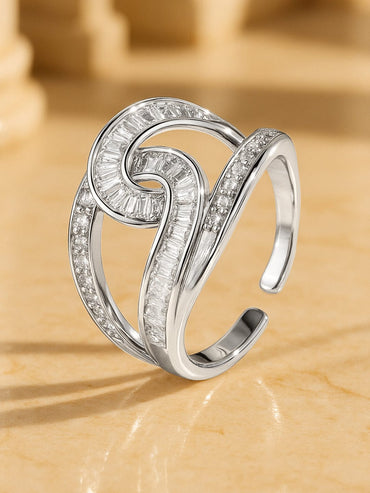 Rubans Rhodium-Plated Brass Linked Curve Design Cubic Zirconia Adjustable Finger Ring Rings