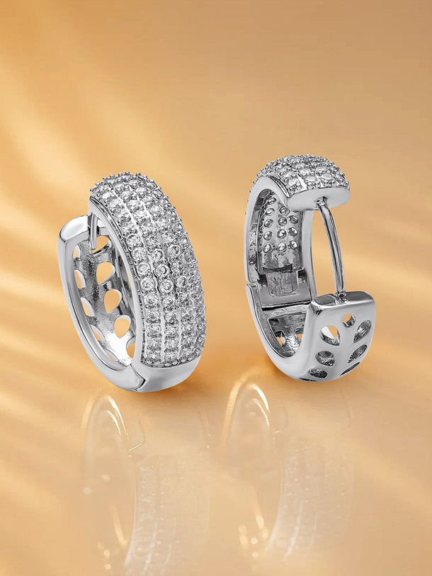 Rubans Rhodium-Plated Brass Pavé Classic Hoop Earrings with Clear Cubic Zirconia Detailing Earrings
