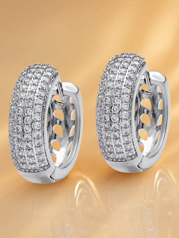 Rubans Rhodium-Plated Brass Pavé Classic Hoop Earrings with Clear Cubic Zirconia Detailing Earrings