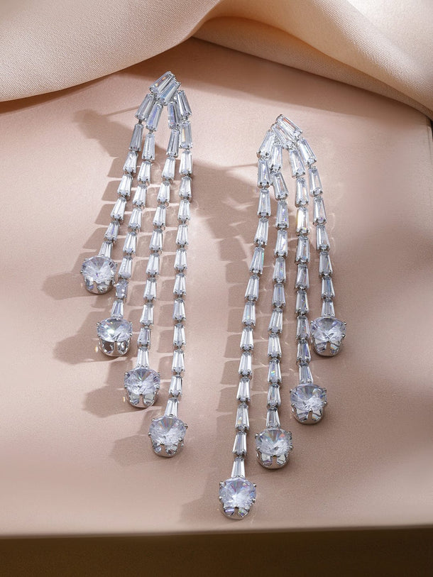 Rubans Rhodium-Plated Brass Silver-Toned Crystal AD Stone Studded Long Drop Dangling Earrings Earrings