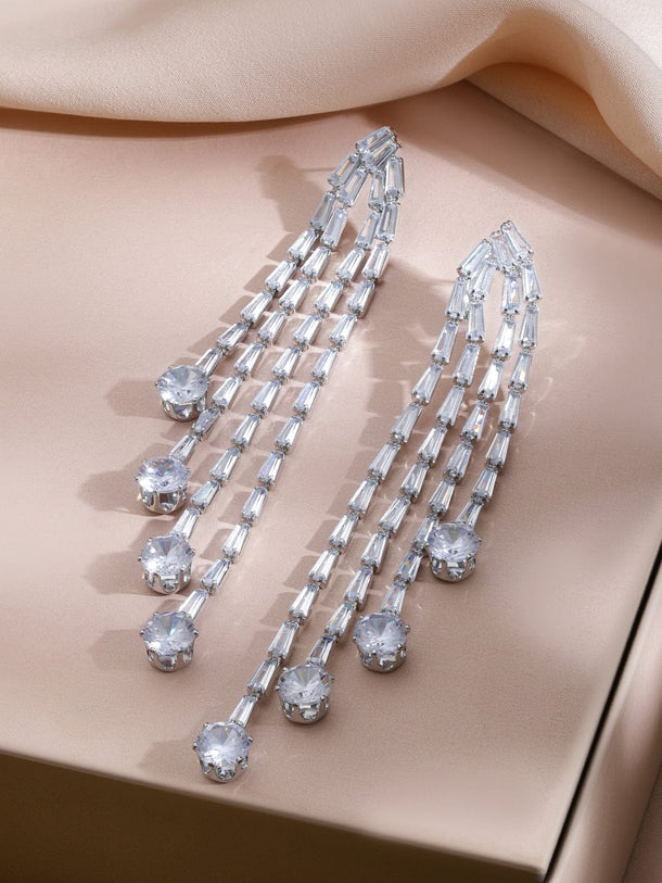 Rubans Rhodium-Plated Brass Silver-Toned Crystal AD Stone Studded Long Drop Dangling Earrings Earrings