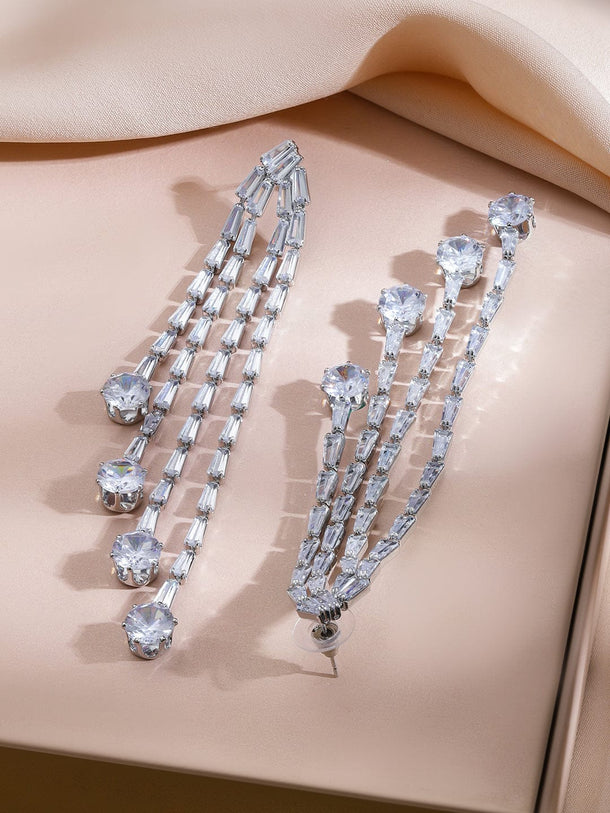 Rubans Rhodium-Plated Brass Silver-Toned Crystal AD Stone Studded Long Drop Dangling Earrings Earrings