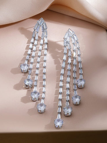 Rubans Rhodium-Plated Brass Silver-Toned Crystal AD Stone Studded Long Drop Dangling Earrings Earrings