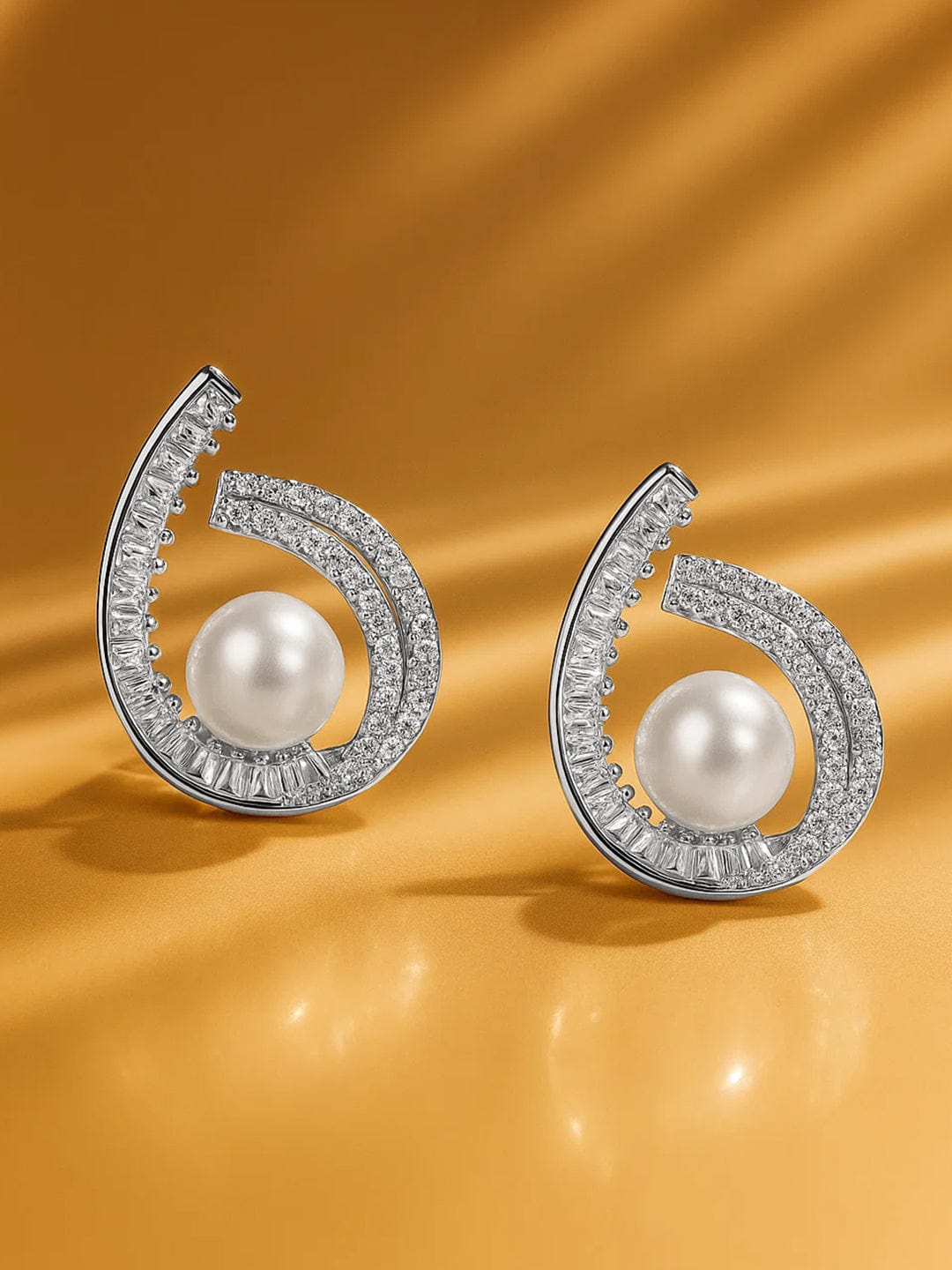 Rubans Rhodium-Plated Brass Swirl Stud Earrings with White Pearl & Cubic Zirconia Detailing Earrings