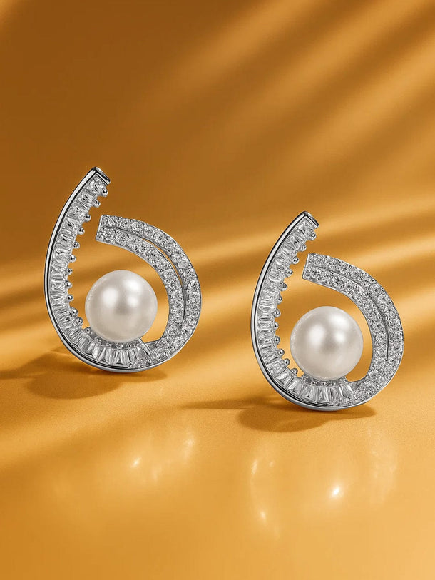 Rubans Rhodium-Plated Brass Swirl Stud Earrings with White Pearl & Cubic Zirconia Detailing Earrings