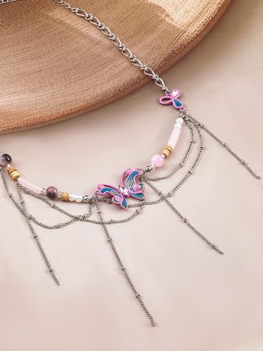 Rubans Rhodium-Plated Butterfly Pendant Layered Choker Necklace Necklace & Chains