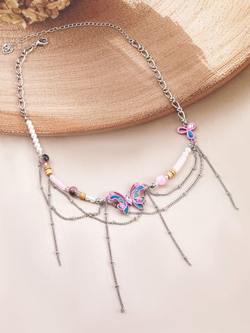 Rubans Rhodium-Plated Butterfly Pendant Layered Choker Necklace Necklace & Chains