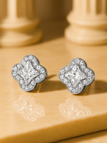 Rubans Rhodium-Plated Clover Design Cubic Zirconia Stud Earrings Studs