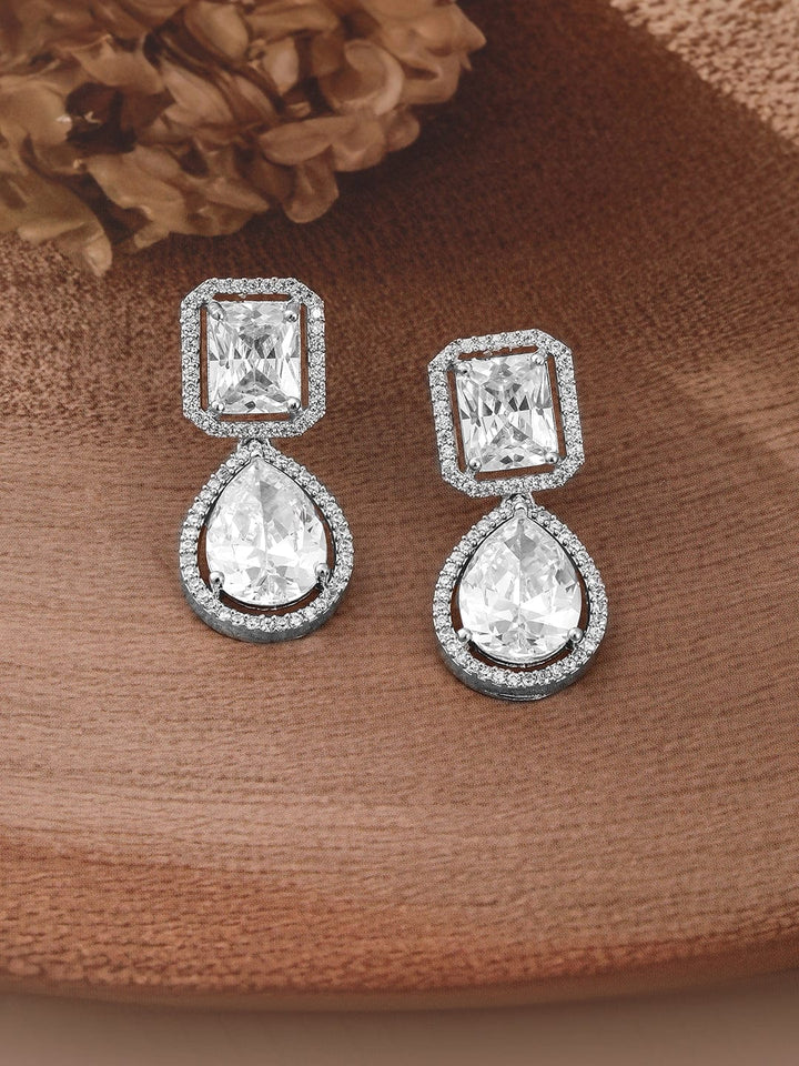 Rubans Rhodium Plated Crystal AD & Cubic Zirconia Studded Drop Earrings - Elegant Design Earrings