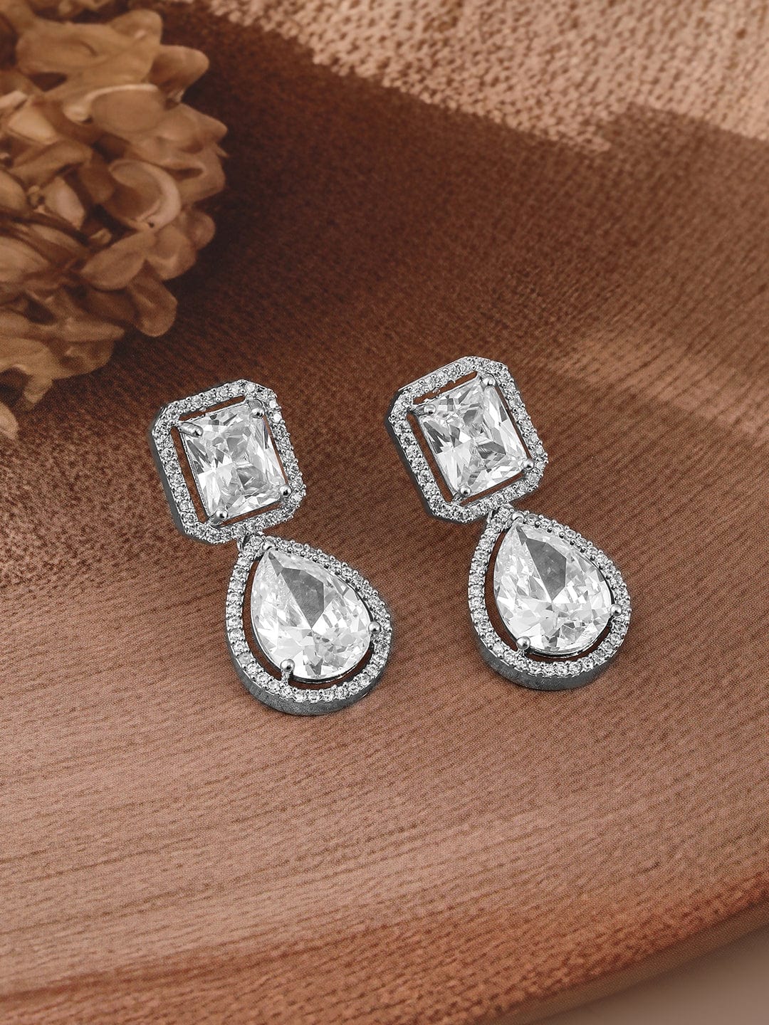 Rubans Rhodium Plated Crystal AD & Cubic Zirconia Studded Drop Earrings - Elegant Design Earrings