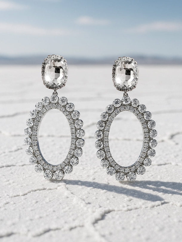 Rubans Rhodium-Plated Crystal AD & Cubic Zirconia Studded Oval Drop Earrings Drop Earrings