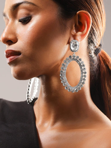 Rubans Rhodium-Plated Crystal AD & Cubic Zirconia Studded Oval Drop Earrings Earrings