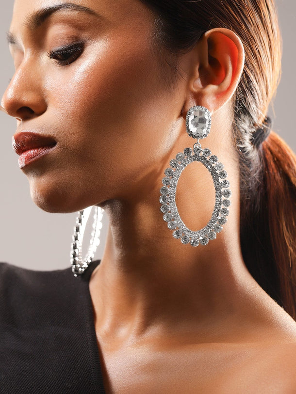 Rubans Rhodium-Plated Crystal AD & Cubic Zirconia Studded Oval Drop Earrings Earrings