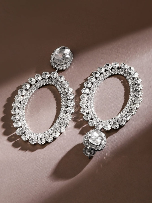 Rubans Rhodium-Plated Crystal AD & Cubic Zirconia Studded Oval Drop Earrings Earrings
