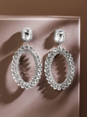 Rubans Rhodium-Plated Crystal AD & Cubic Zirconia Studded Oval Drop Earrings Earrings
