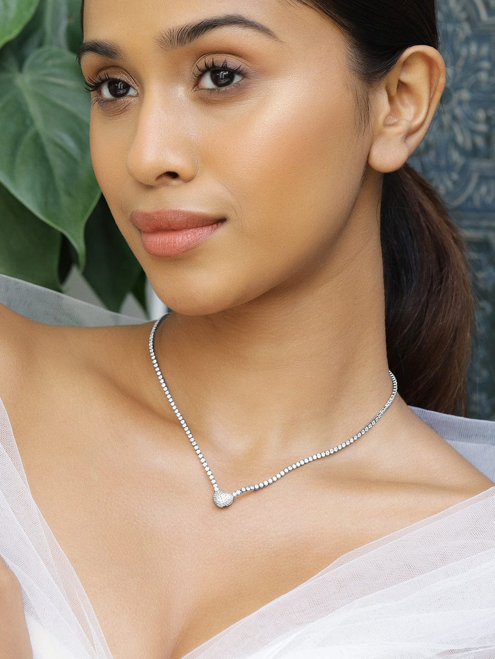 Rubans Rhodium-Plated Crystal AD & Cubic Zirconia Studded Pear-Shaped Pendant Necklace Necklace and Chains