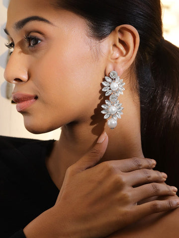 Rubans Rhodium-Plated Crystal AD & White Pearl Studded Floral Drop Earrings Earrings