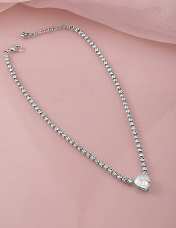 Rubans Rhodium Plated Crystal AD & Zirconia Studded Luxurious Heart Pendant Necklace Necklace & Chains