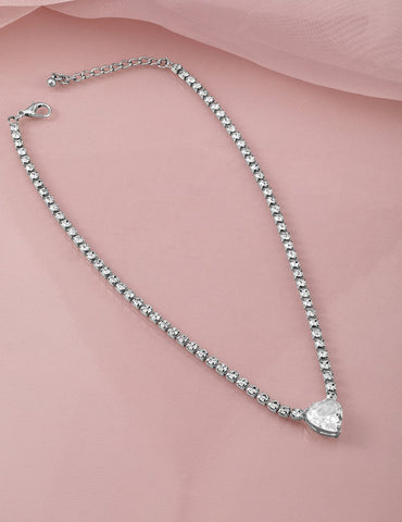 Rubans Rhodium Plated Crystal AD & Zirconia Studded Luxurious Heart Pendant Necklace Necklace & Chains