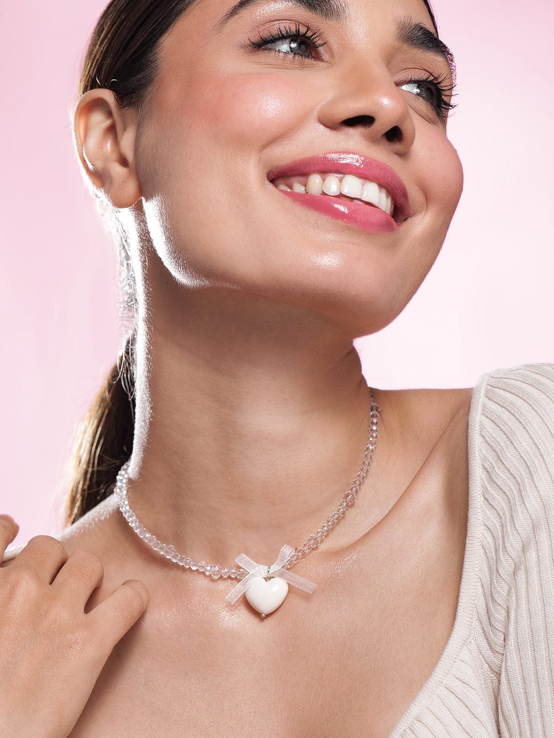 Rubans Rhodium Plated Crystal Beaded Necklace with Heart Pendant and Bow Detailing Necklace & Chains
