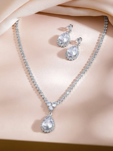 Rubans Rhodium-Plated Crystal Clear Cubic Zirconia Studded Elegant  Necklace Set Necklace Set