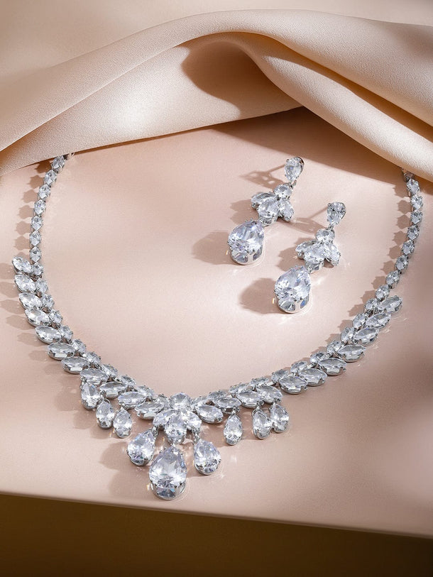 Rubans Rhodium-Plated Crystal & Cubic Zirconia Leafy-V Necklace Set with Teardrop Dangling Necklace Set