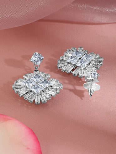 Rubans Rhodium-Plated Crystal Cubic Zirconia Studded Contemporary Drop Earrings Earrings