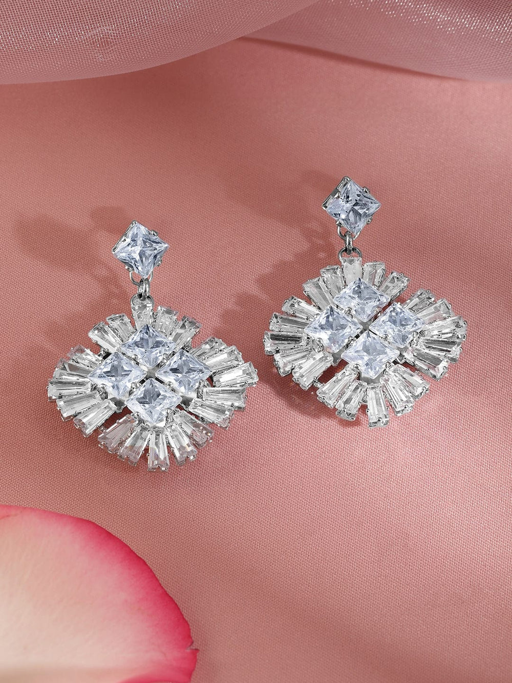 Rubans Rhodium-Plated Crystal Cubic Zirconia Studded Contemporary Drop Earrings Earrings
